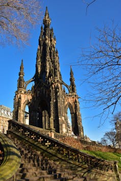 Picture of the Scott Monument in Edinburgh under a bright blue winter's sky.