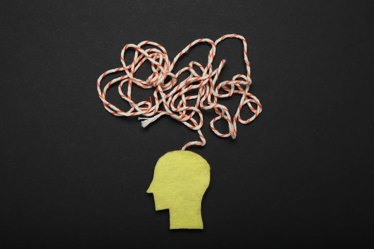 A paper cutout of the side profile of a human head, with a bundle of strings above to represent confusion.
