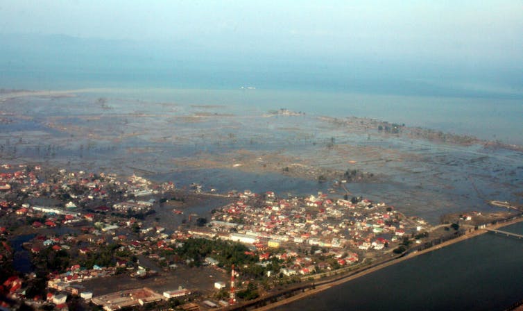 Aerial view of a village underwater.