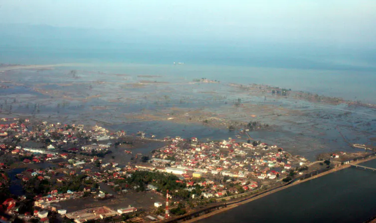 Aerial view of a village underwater.