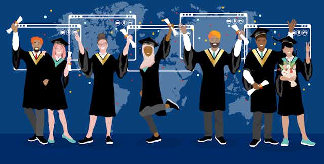 Illustration of graduates holding diplomas with laptop screens and a world map floating behind them.