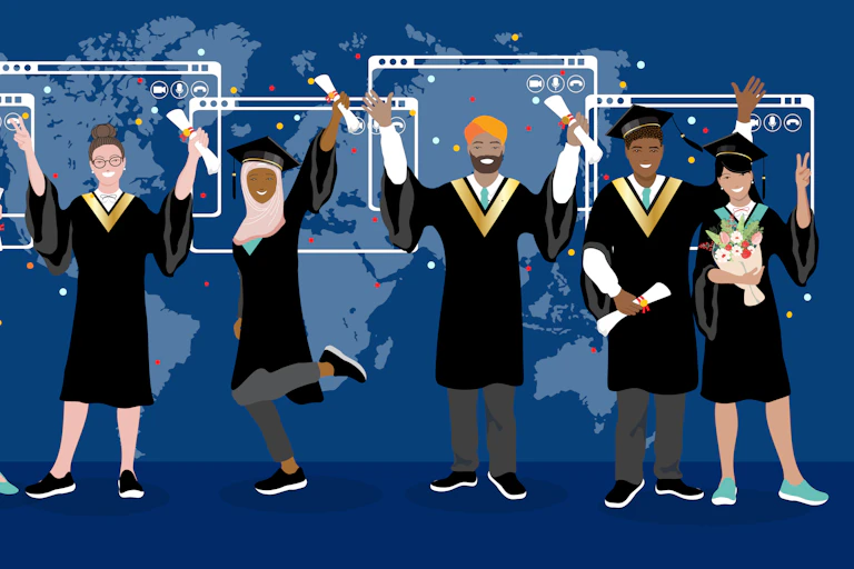 Illustration of graduates holding diplomas with laptop screens and a world map floating behind them.
