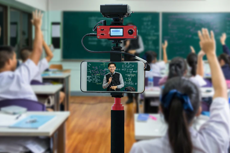 Un professeur qui donne un cours dans une classe est filmé en même temps par un téléphone.