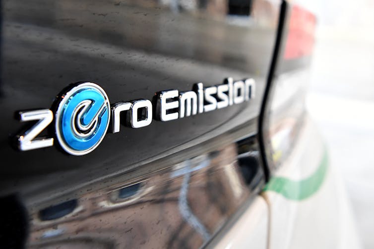 Close up of words on car reading 'zero emissions'