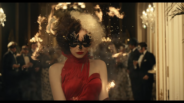 Emma Stone dressed as Cruella wearing black and white wig, black mask around her eyes and a red dress as flames ignite around her