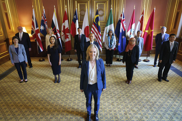 The UK’s secretary of state for international trade, Liz Truss chairs a CPTPP head of mission roundtable, July 2020.
