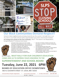 Protest flyer with photos of St. Louis public school buildings