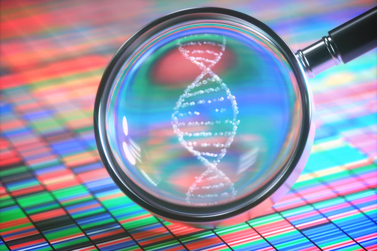 A magnifying glass is held over a backdrop of colourful, small rectangles and highlights a looped white structure that represents DNA