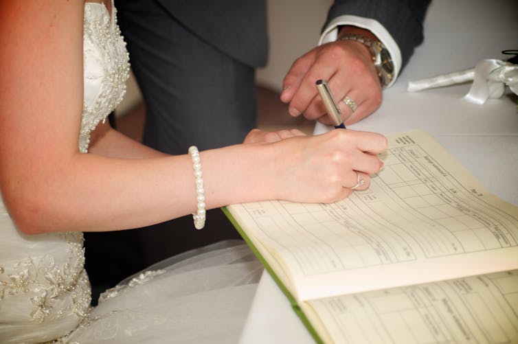 Bride and groom sign wedding register