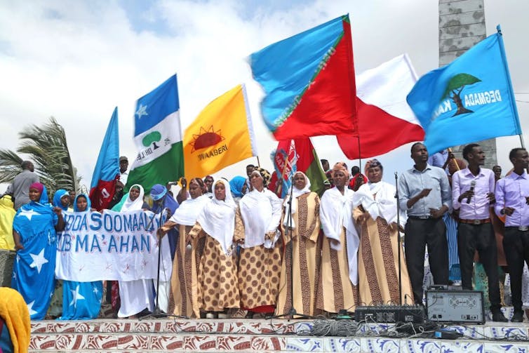 Protesters wave banners in Mogadishu