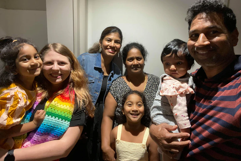 Family of four from Biloela Priya, Nades, Kopika and Tharni Murugappan with family friends and supporters