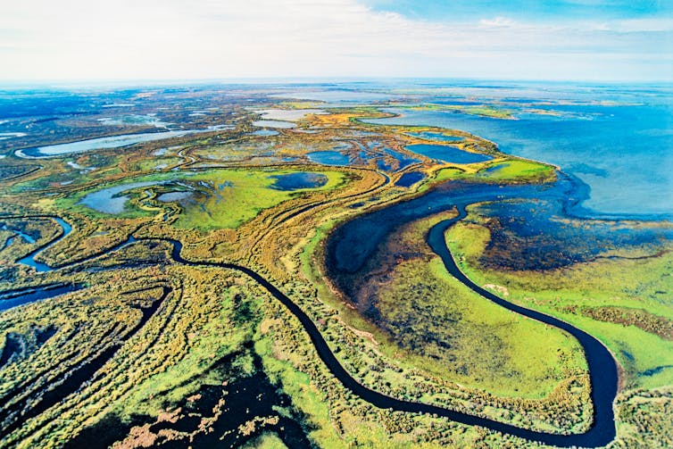Arial photograph of lakes, wetlands and rivers.