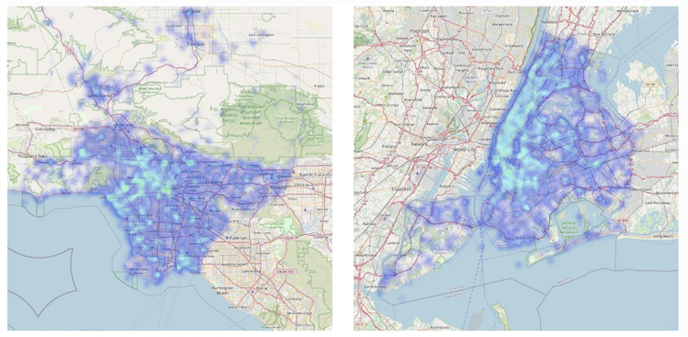 Side-by-side maps of Los Angeles and New York City covered with bright blue blobs