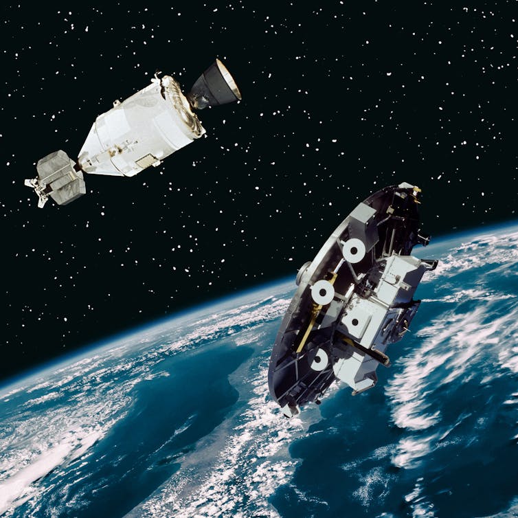 photo collage two satellites in orbit