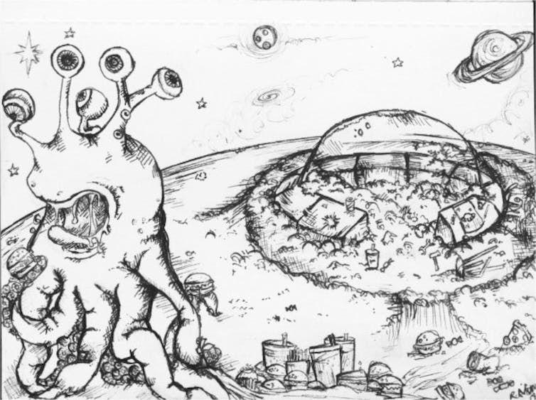 Sketch of an alien above an insular domed civilisation.