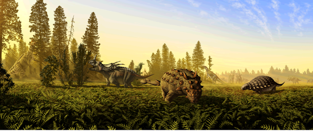 A prehistoric landscape with dinosaurs