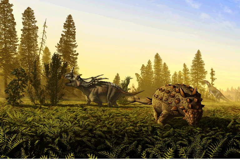 A prehistoric landscape with dinosaurs