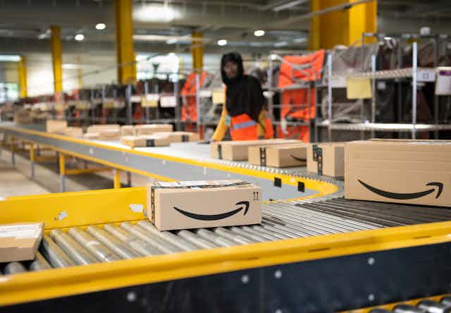 Amazon parcels on a conveyor belt