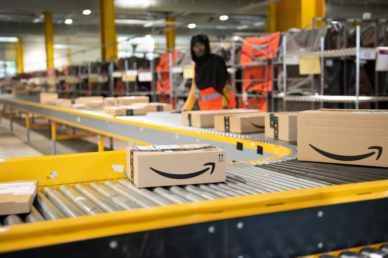 Amazon parcels on a conveyor belt