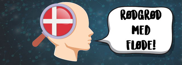 A figure of a human head with a Danish flag on the side and Danish words in a speech bubble.