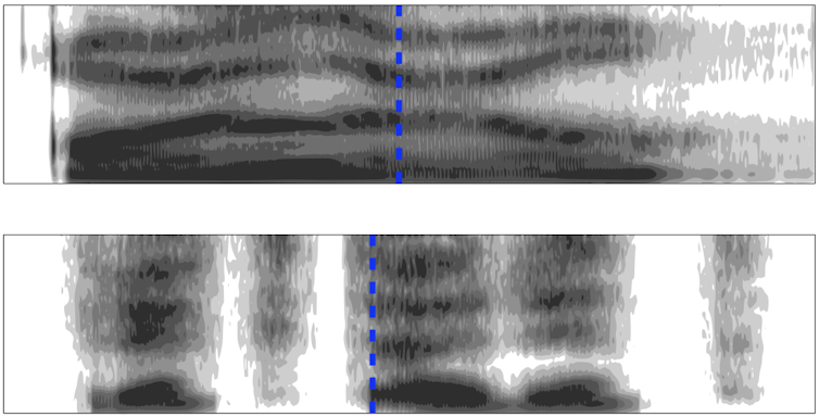 Two spectrograms with the one for Danish a nearly continuous bar and the one for Norwegian shows sharp breaks.