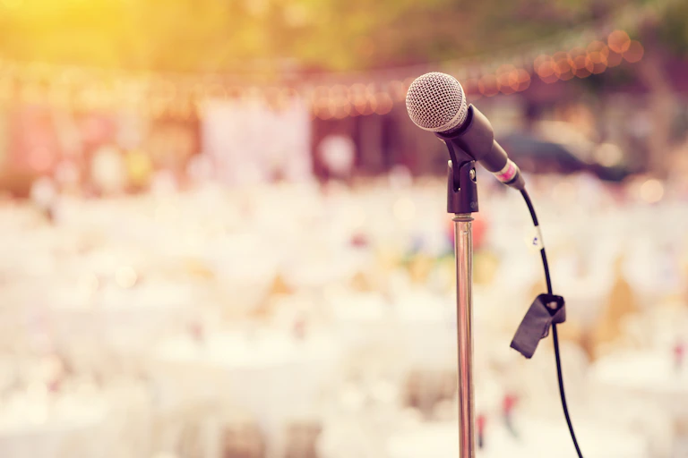 A microphone seen in front of an outdoor space.