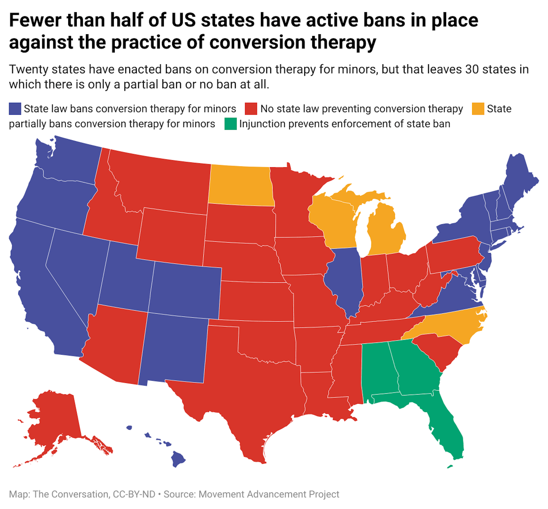 A map of the United States color coded according to whether there is any form of ban against conversion therapy in place.