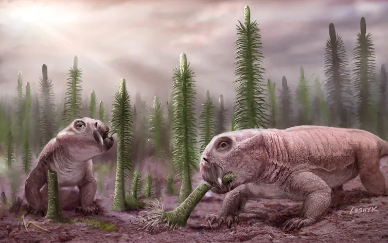 Two pig-sized dinosuars eating prehistoric plants