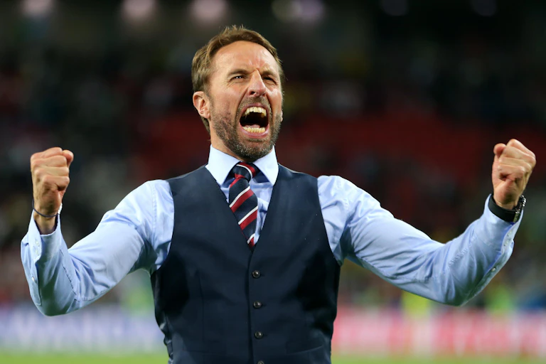 Gareth Southgate celebrates a win as manager.