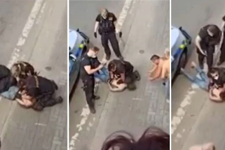 Screengrab from ROMEATV with three frames showing Stanislav Tomáš being retrained by police who appear to kneel on his neck.