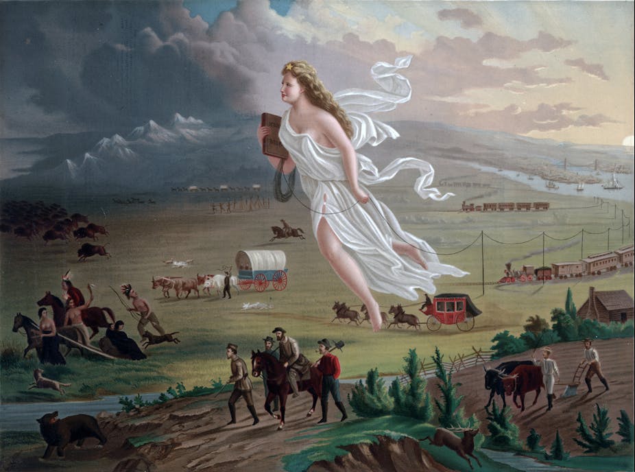 A painting showing U.S. expansion across the plains, displacing bison and Native Americans