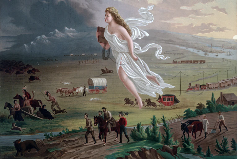 A painting showing U.S. expansion across the plains, displacing bison and Native Americans