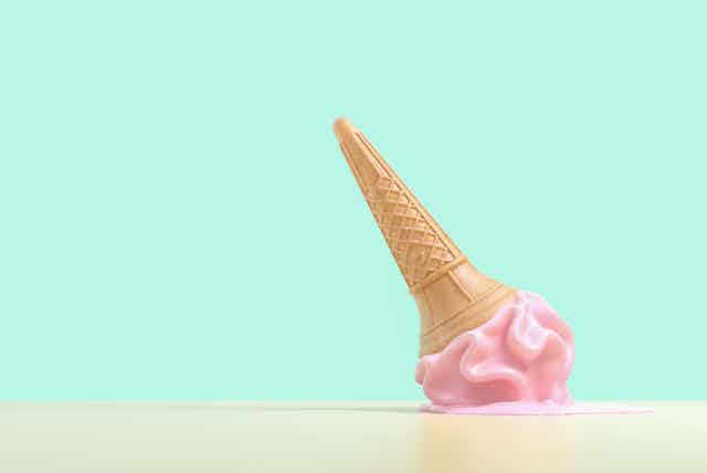 A dropped ice cream cone melts.