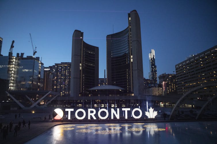 Nighttime exterior of Toronto city hall