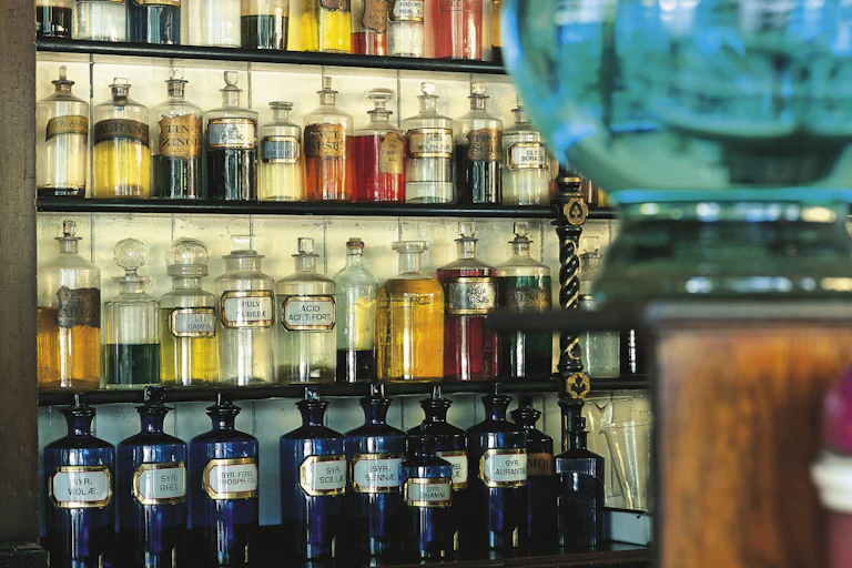 Jars of medicine from pharmacy in a UK museum.