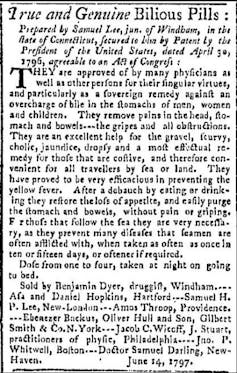 A newspaper notice recording the first patented drug in U.S. in late 18th century