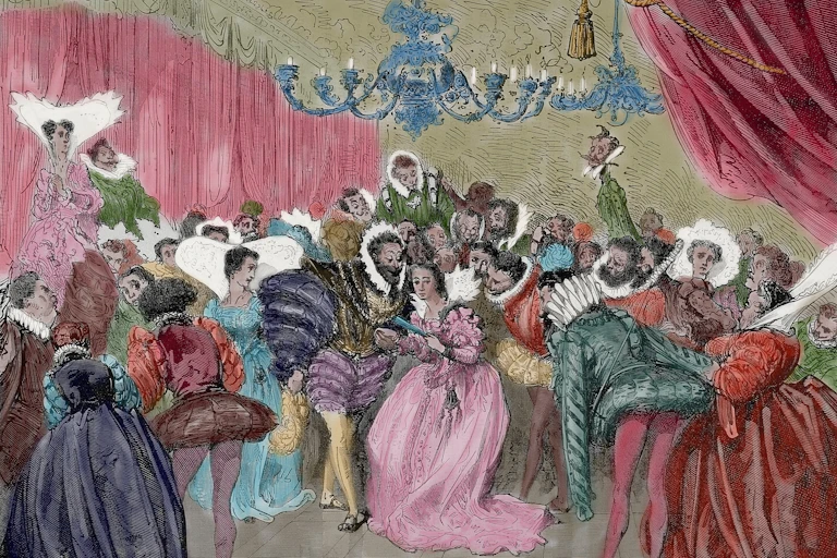 A coloured illustration of the ball scene in Cinderlla.