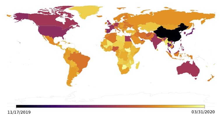 Figura 2: Mapa das datas de orixe estimadas por país. Fonte: https://journals.plos.org/ plospathogens/article?ide=10.1371/ journal.ppat.1009620.