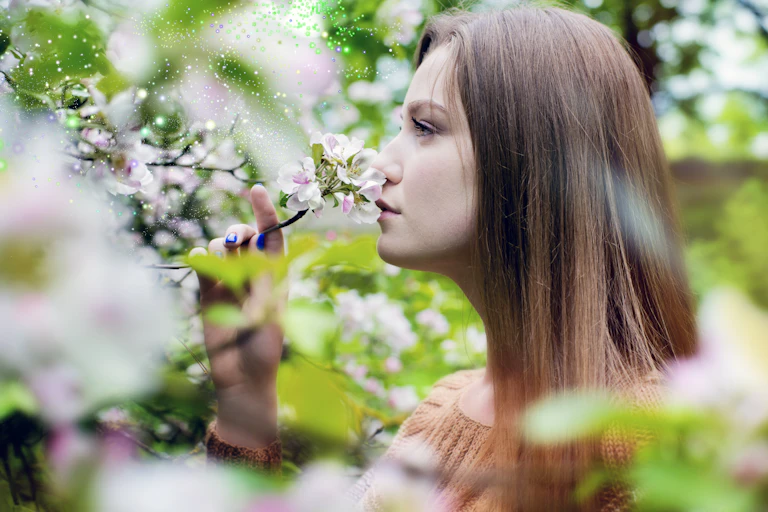 Mujer de perfil oliendo flores de manzano.