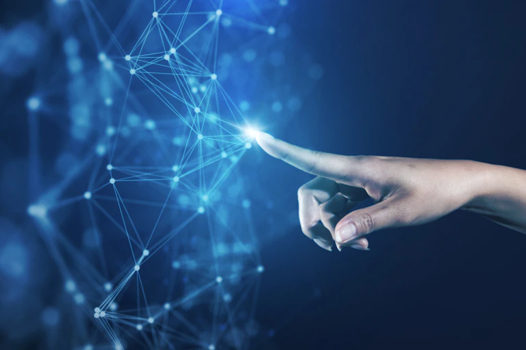 Young woman's finger touching network connection and data.