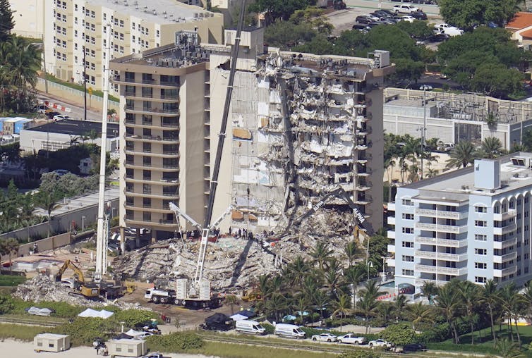 A partially collapsed 12 story apartment building.
