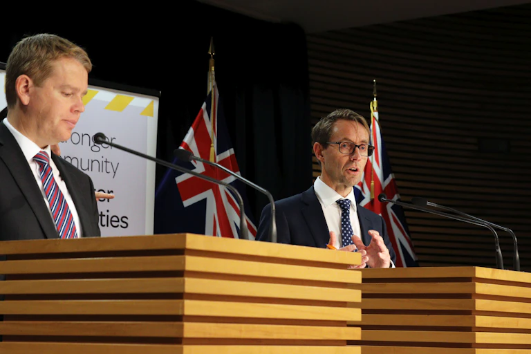 New Zealand's health minister Chris Hipkins and director general of health Ashley Bloomfield