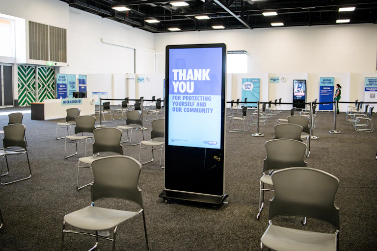 An empty waiting room at the Adelaide Showgrounds Vaccination Centre