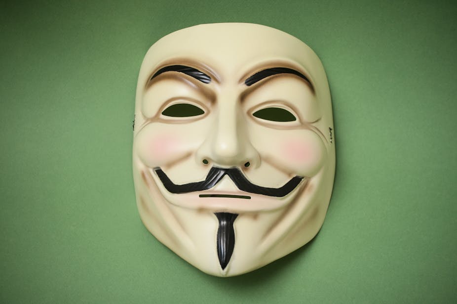 A Guy Fawkes mask against a green background