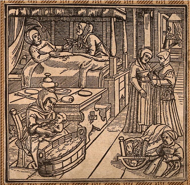 A woodcut engraving of a woman who has just given birth being cared for by other women.