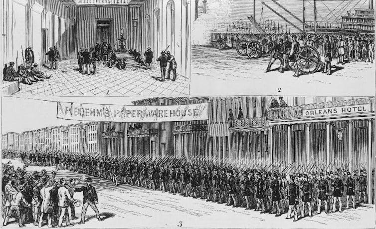 Illustrations showing troops preparing to leave and marching out of a town center
