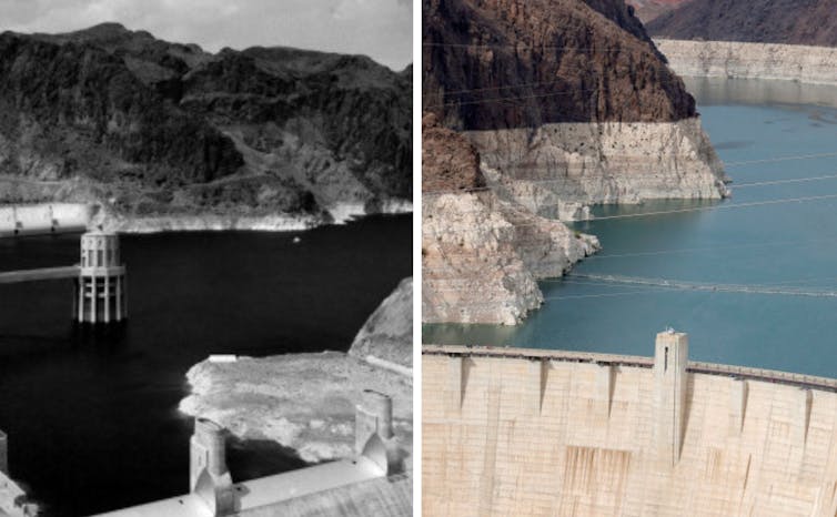 Dos fotografÃ­as que muestran las caÃ­das del nivel del agua del lago Mead