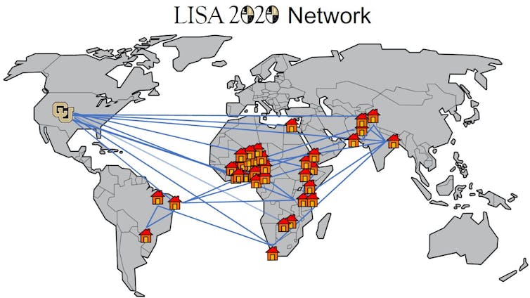Um mapa mostrando localizações de laboratórios na América do Sul, África, Oriente Médio e Índia.