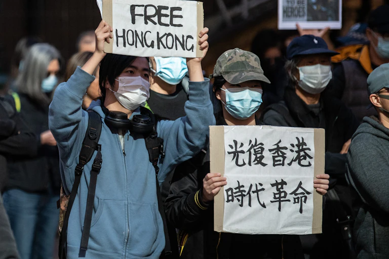 Protester holding up "Free Hong Kong" sign