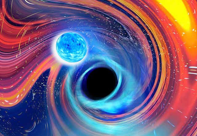 Artist's view of a black hole-neutron star merger.